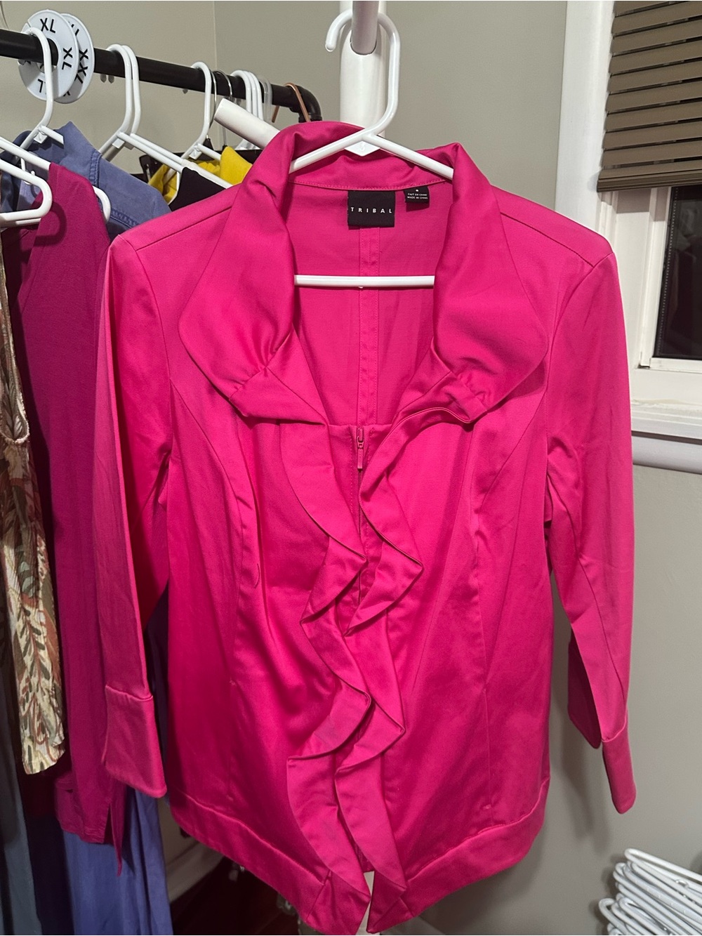 Tribal Fuchsia Ruffle Front Women's zip up blazer